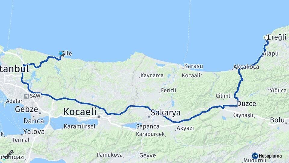 İstanbul Şile Ereğli Zonguldak Arası Kaç Km - Yol Haritası