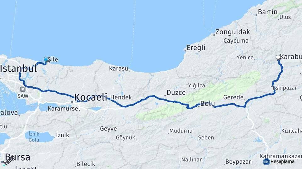 İstanbul Şile Karabük Arası Kaç Km - Yol Haritası