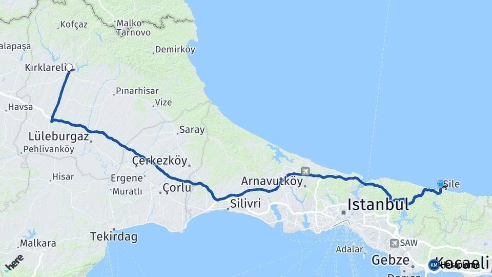 İstanbul Şile Kırklareli Arası Kaç Km - Yol Haritası