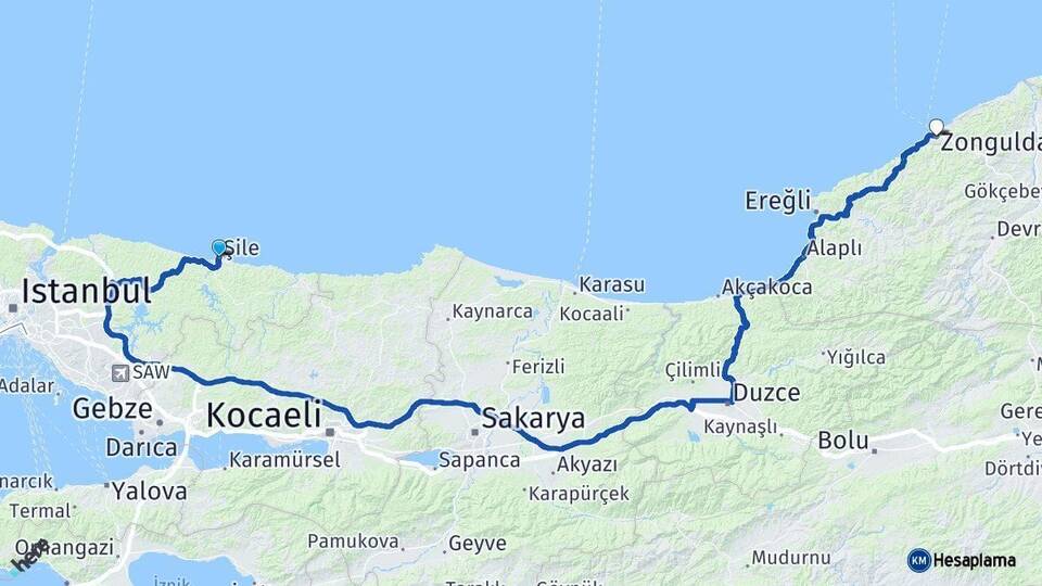 İstanbul Şile Zonguldak Arası Kaç Km - Yol Haritası