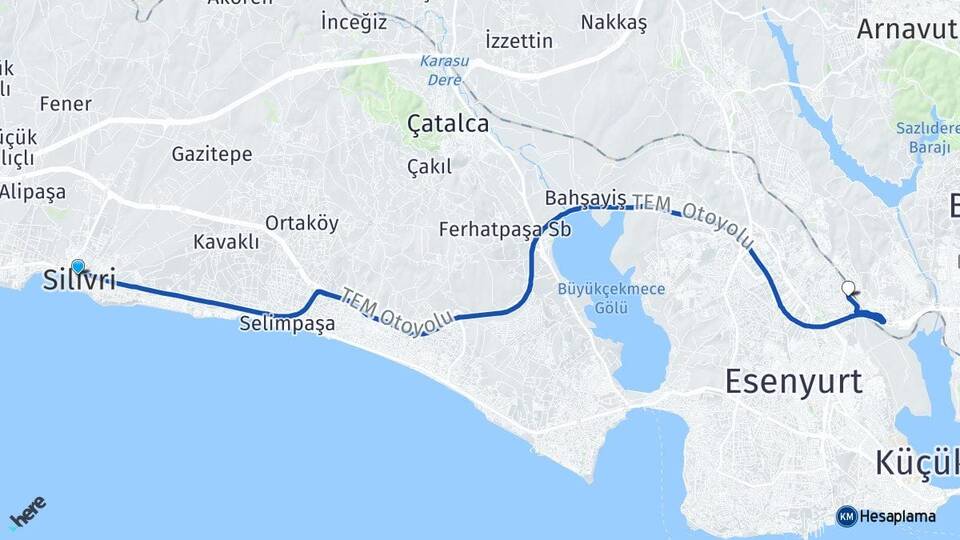 İstanbul Silivri Bahçeşehir 1. Kısım Başakşehir Arası Kaç Km - Yol Haritası