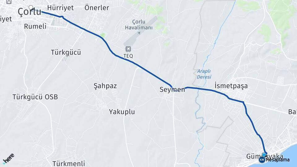İstanbul Silivri Gümüşyaka Çorlu Tekirdağ Arası Kaç Km - Yol Haritası