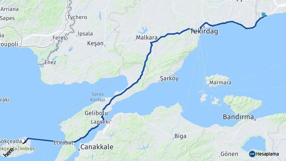 İstanbul Silivri Gümüşyaka Gökçeada Çanakkale Arası Kaç Km - Yol Haritası