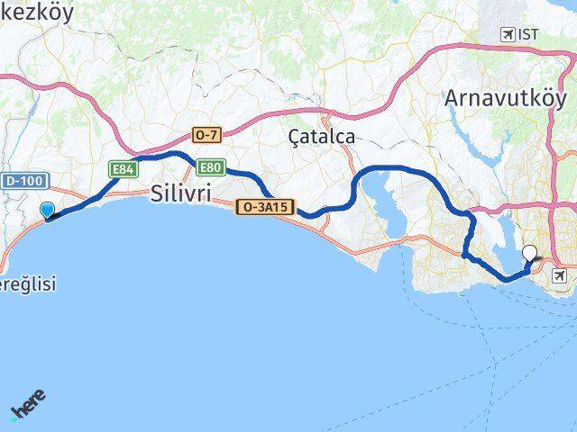 İstanbul Silivri Gümüşyaka Küçükçekmece Arası Kaç Km - Yol Haritası