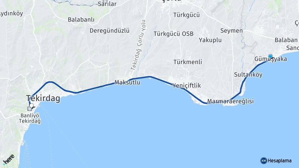 İstanbul Silivri Gümüşyaka Süleymanpaşa Tekirdağ Arası Kaç Km - Yol Haritası