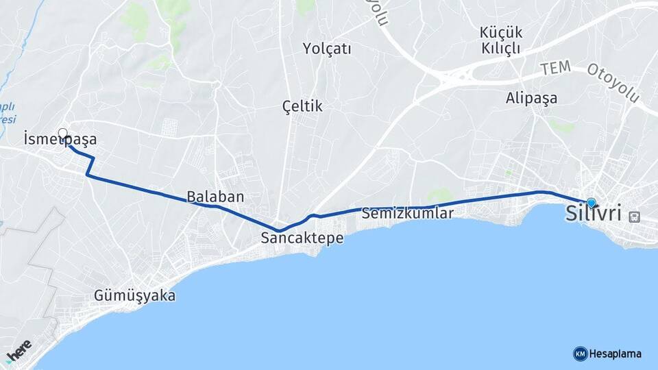 İstanbul Silivri İsmetpaşa Silivri Arası Kaç Km - Yol Haritası