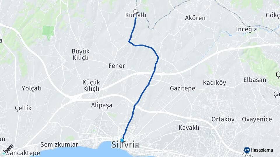 İstanbul Silivri Kurfallı Silivri Arası Kaç Km - Yol Haritası