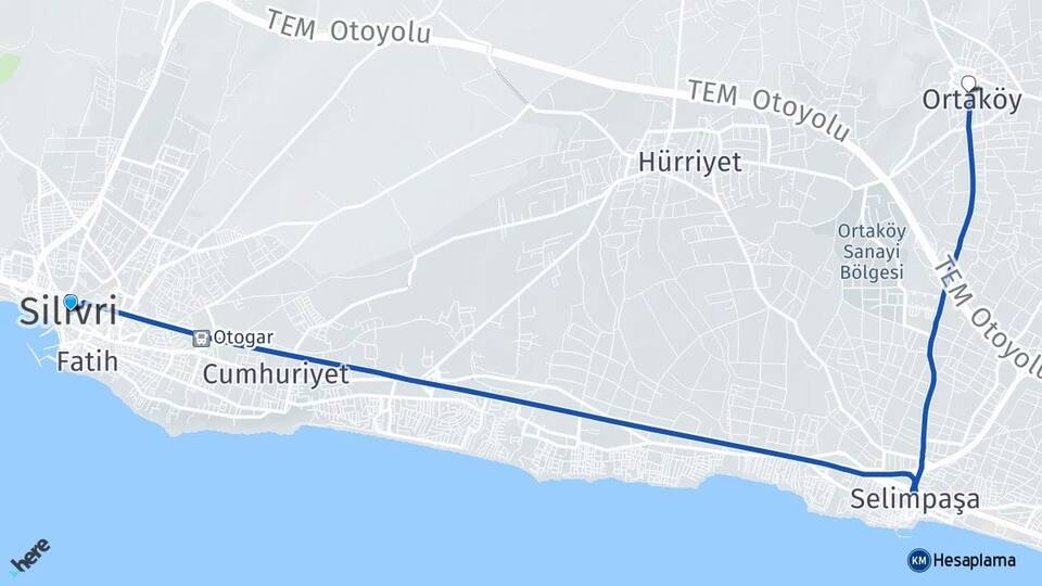 İstanbul Silivri Ortaköy Silivri Arası Kaç Km - Yol Haritası