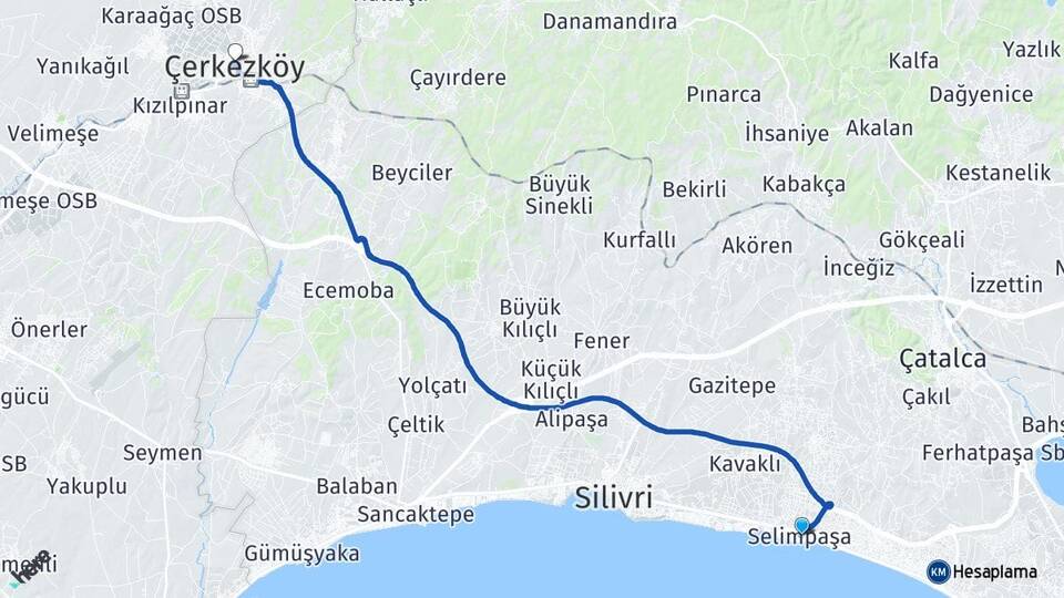İstanbul Silivri Selimpaşa Çerkezköy Tekirdağ Arası Kaç Km - Yol Haritası