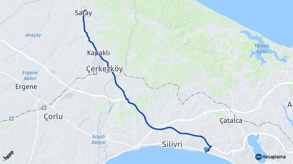 İstanbul Silivri Selimpaşa Saray Tekirdağ Arası Kaç Km - Yol Haritası