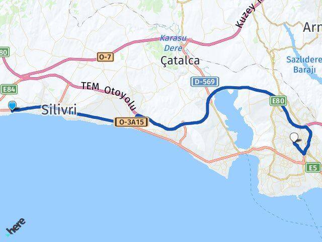 İstanbul Silivri Semizkumlar Esenyurt Arası Kaç Km - Yol Haritası