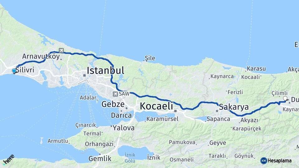 İstanbul Silivri Taşköprü Düzce Arası Kaç Km - Yol Haritası
