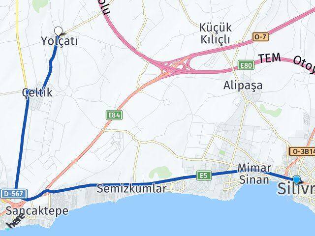 İstanbul Silivri Yolçatı Silivri Arası Kaç Km - Yol Haritası