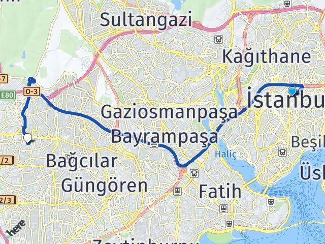 İstanbul Şişli Güneşli Bağcılar Arası Kaç Km - Yol Haritası