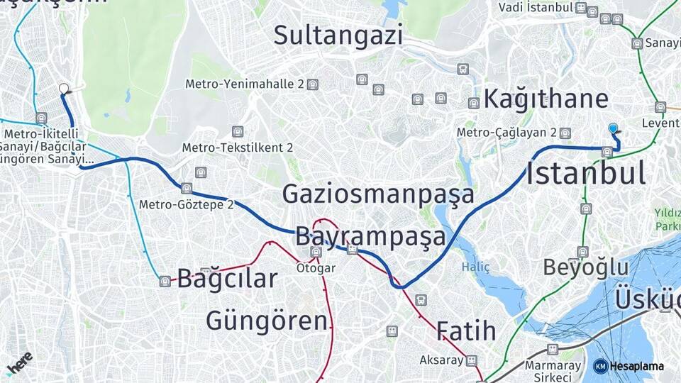 İstanbul Şişli Mecidiyeköy İkitelli OSB Başakşehir Arası Kaç Km - Yol Haritası
