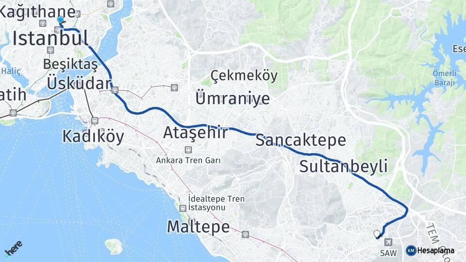 İstanbul Şişli Mecidiyeköy Kurtköy Pendik Arası Kaç Km - Yol Haritası