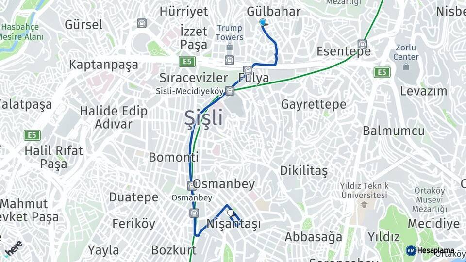 İstanbul Şişli Mecidiyeköy Nişantaşı Şişli Arası Kaç Km - Yol Haritası