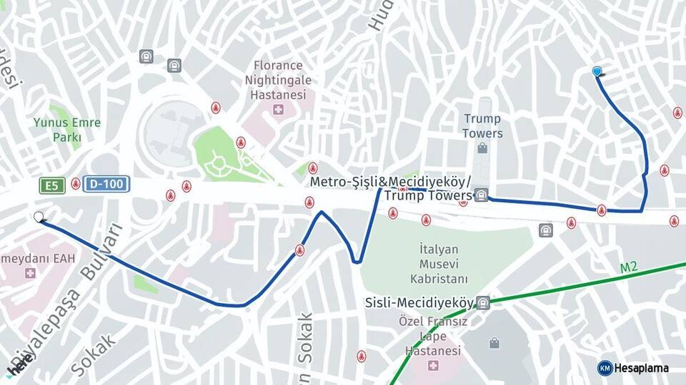 İstanbul Şişli Mecidiyeköy Okmeydanı Şişli Arası Kaç Km - Yol Haritası
