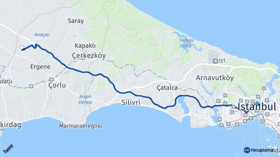 İstanbul Şişli Misinli Ergene Tekirdağ Arası Kaç Km - Yol Haritası