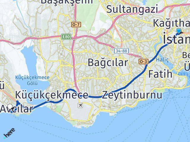 İstanbul Şişli Okmeydanı Ambarlı Avcılar Arası Kaç Km - Yol Haritası