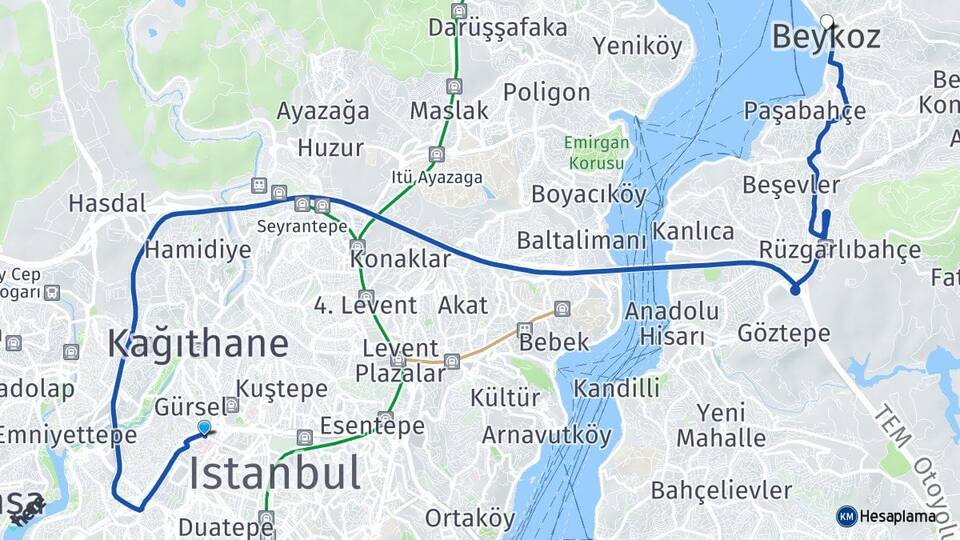 İstanbul Şişli Okmeydanı Beykoz Arası Kaç Km - Yol Haritası