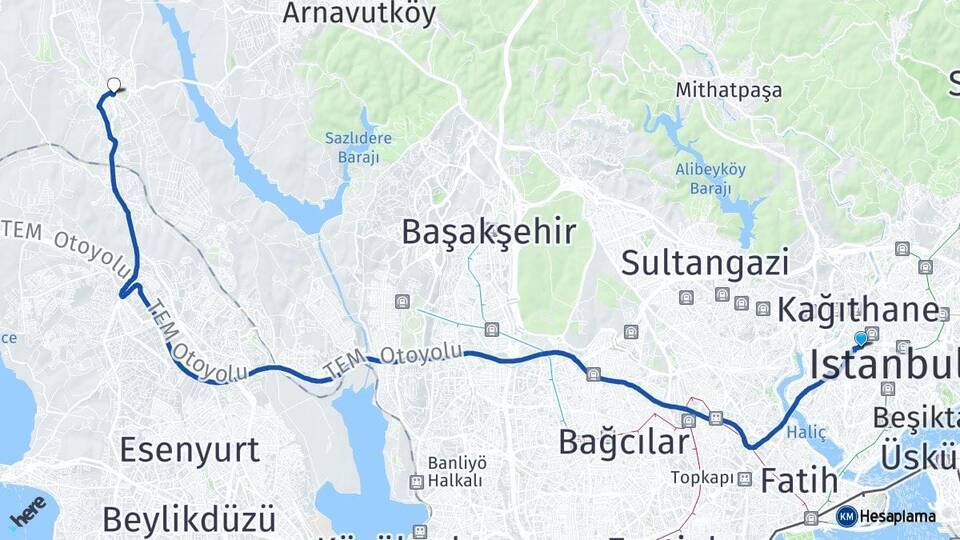 İstanbul Şişli Okmeydanı Hadımköy Arnavutköy Arası Kaç Km - Yol Haritası