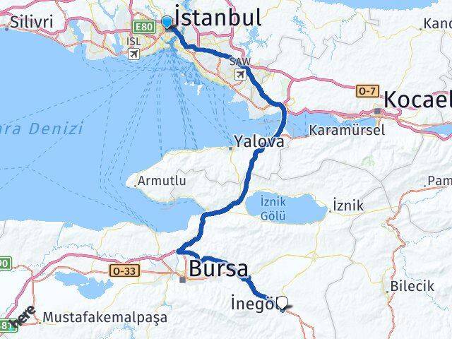 İstanbul Şişli Okmeydanı İnegöl Bursa Arası Kaç Km - Yol Haritası