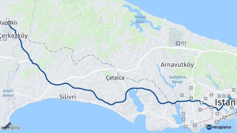 İstanbul Şişli Okmeydanı Kapaklı Tekirdağ Arası Kaç Km - Yol Haritası