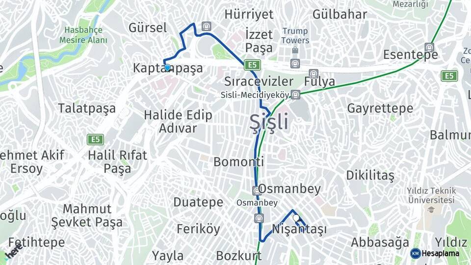 İstanbul Şişli Okmeydanı Nişantaşı Şişli Arası Kaç Km - Yol Haritası