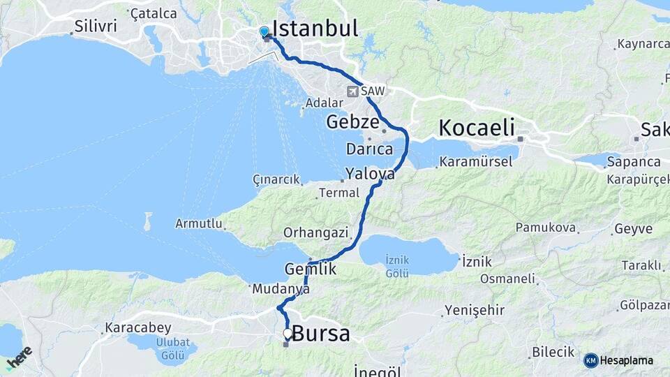 İstanbul Şişli Okmeydanı Osmangazi Bursa Arası Kaç Km - Yol Haritası