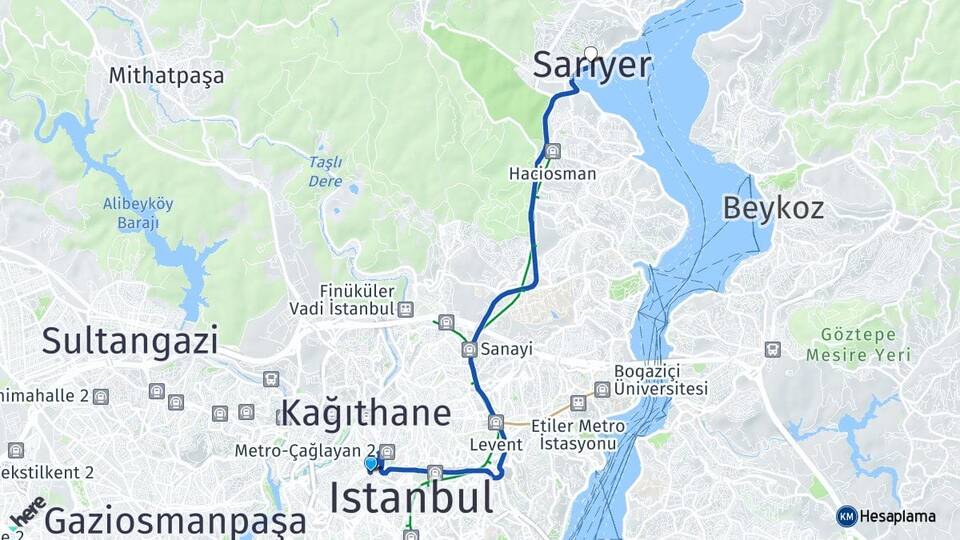İstanbul Şişli Okmeydanı Sarıyer Arası Kaç Km - Yol Haritası