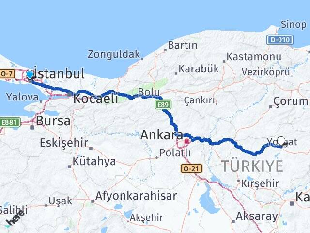 İstanbul Şişli Okmeydanı Sorgun Yozgat Arası Kaç Km - Yol Haritası