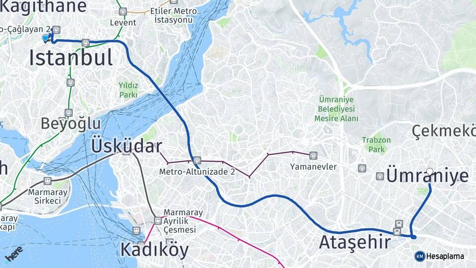 İstanbul Şişli Okmeydanı Ümraniye Arası Kaç Km - Yol Haritası