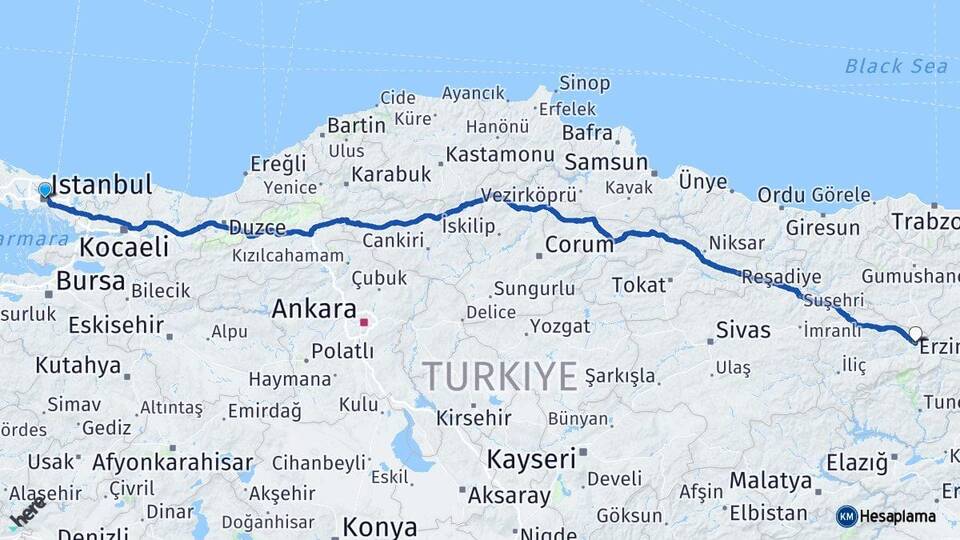 İstanbul Şişli Taksim Erzincan Arası Kaç Km - Yol Haritası