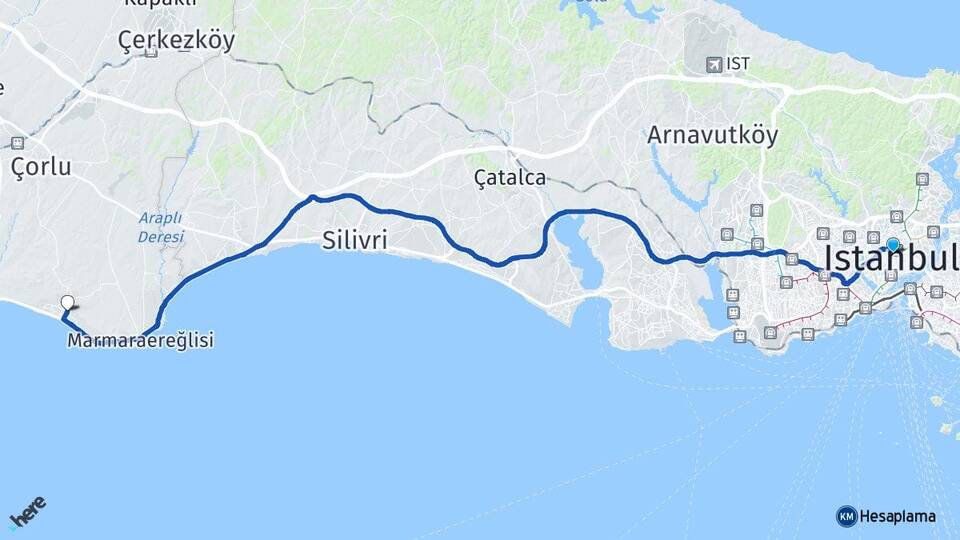 İstanbul Şişli Yeniçiftlik Marmaraereğlisi Tekirdağ Arası Kaç Km - Yol Haritası