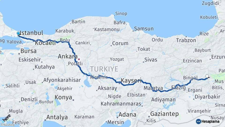 İstanbul Solhan Bingöl Arası Kaç Km - Yol Haritası