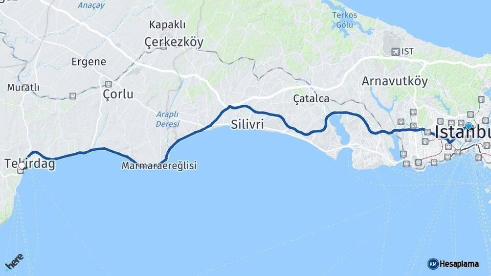 İstanbul Süleymanpaşa Tekirdağ Arası Kaç Km - Yol Haritası