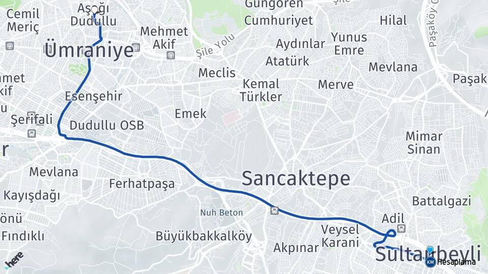 İstanbul Sultanbeyli Aşağı Dudullu Ümraniye Arası Kaç Km - Yol Haritası