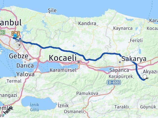 İstanbul Sultanbeyli Kuzuluk Ortamahalle Akyazı Sakarya Arası Kaç Km - Yol Haritası