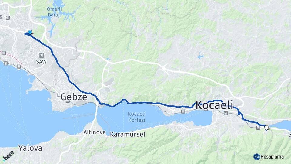İstanbul Sultanbeyli Maşukiye Kartepe Kocaeli Arası Kaç Km - Yol Haritası