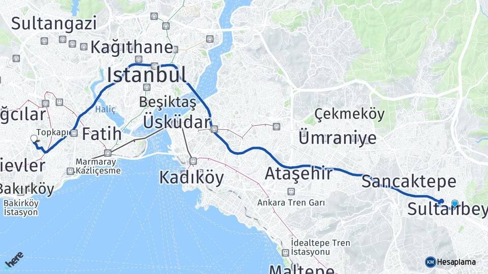 İstanbul Sultanbeyli Merter Güngören Arası Kaç Km - Yol Haritası