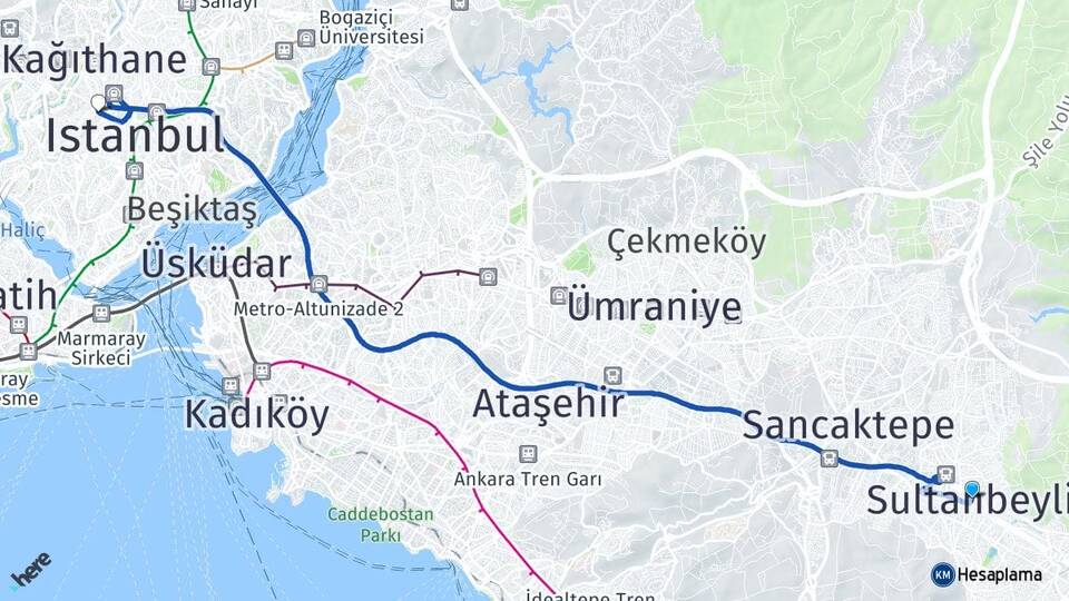 İstanbul Sultanbeyli Okmeydanı Şişli Arası Kaç Km - Yol Haritası