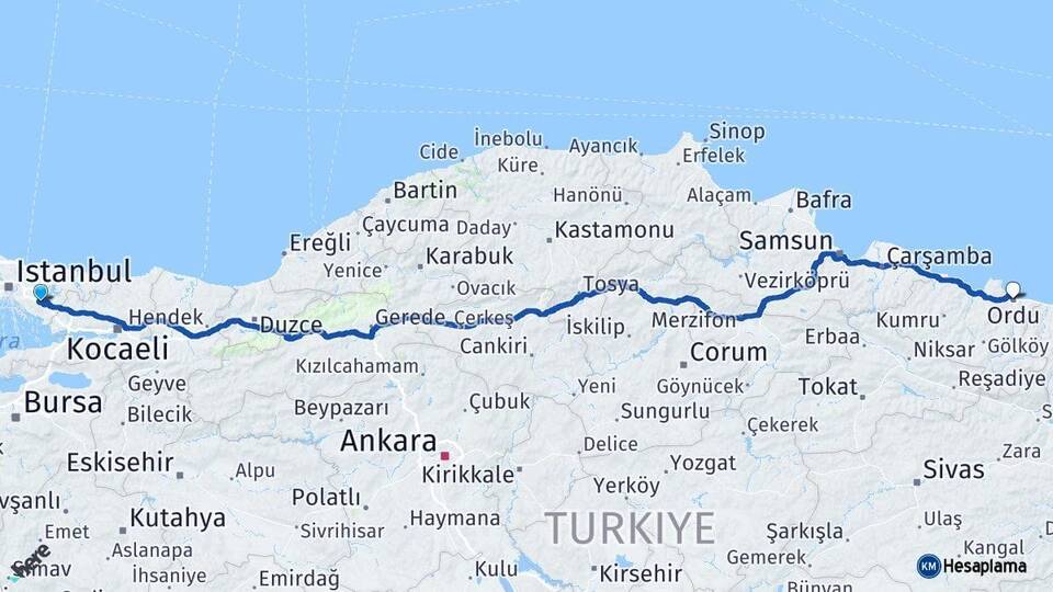 İstanbul Sultanbeyli Ordu Arası Kaç Km - Yol Haritası