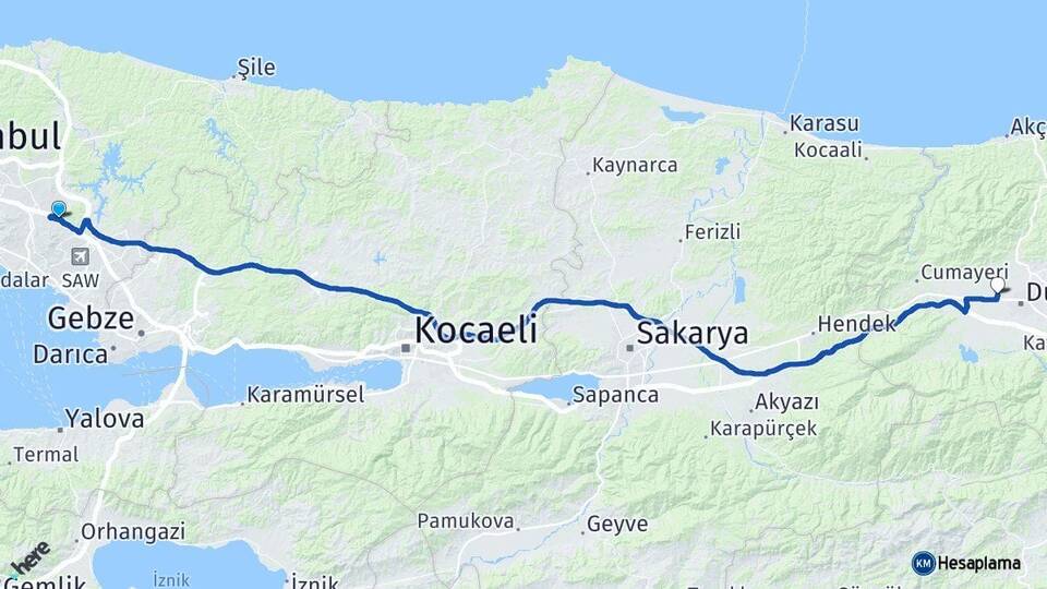 İstanbul Sultanbeyli Taşköprü Düzce Arası Kaç Km - Yol Haritası