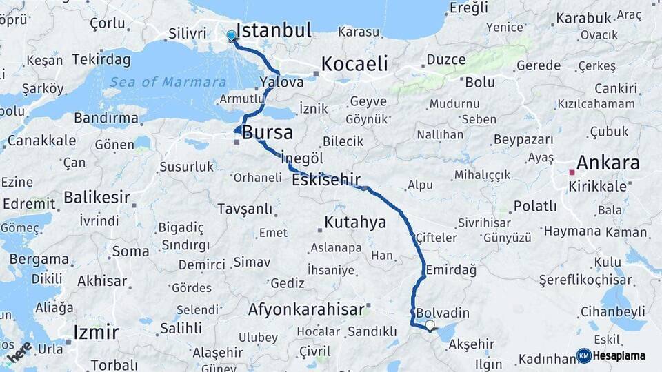 İstanbul Sultandağı Afyonkarahisar Arası Kaç Km - Yol Haritası