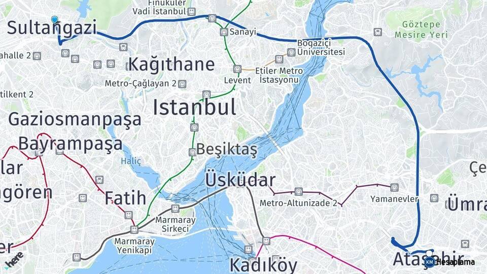İstanbul Sultangazi Ataşehir Arası Kaç Km - Yol Haritası