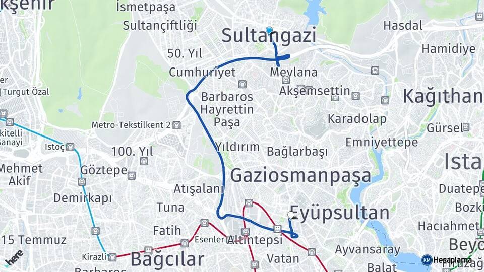 İstanbul Sultangazi Bayrampaşa Arası Kaç Km - Yol Haritası