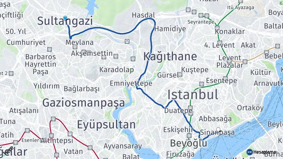 İstanbul Sultangazi Beşiktaş Arası Kaç Km - Yol Haritası