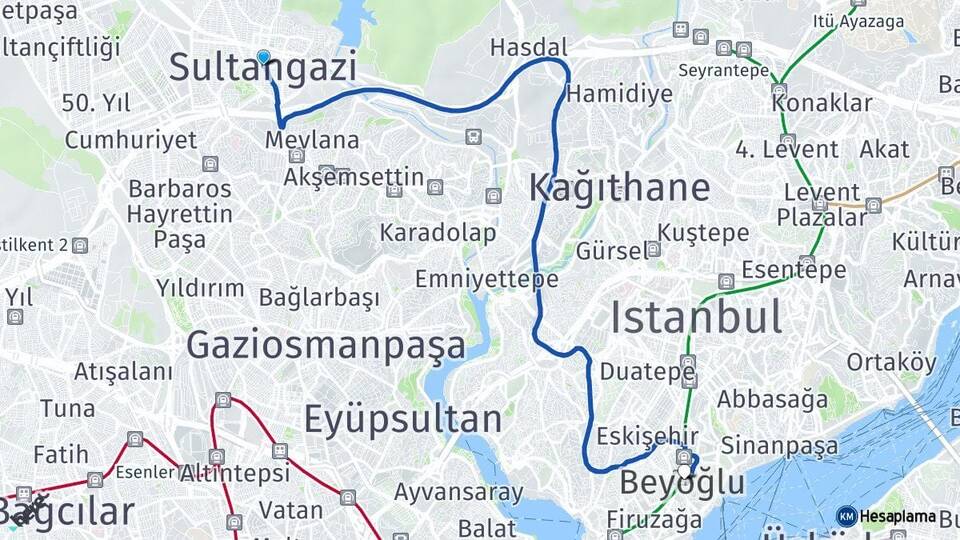 İstanbul Sultangazi Beyoğlu Arası Kaç Km - Yol Haritası
