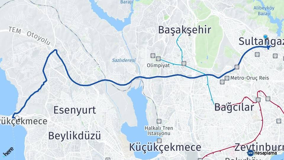 İstanbul Sultangazi Büyükçekmece Arası Kaç Km - Yol Haritası